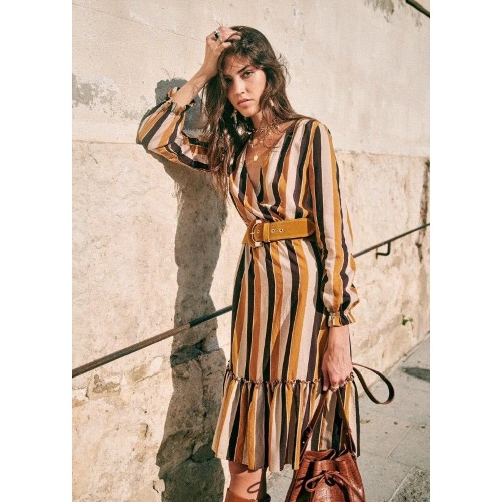 Sezane Titiane Dress in Hazel Tan Stripe Lurex Size XS Cream Brown Metallic Midi